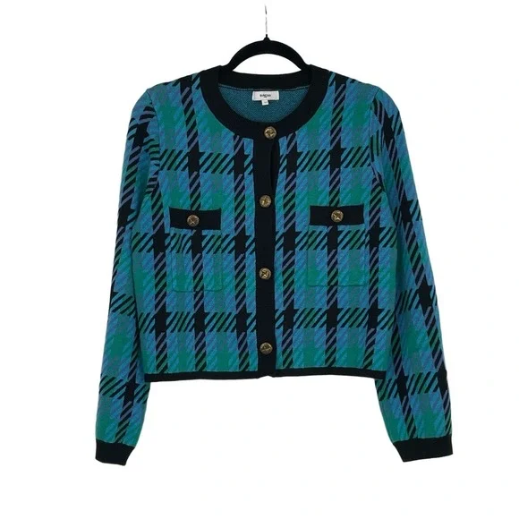 SUNCOO Paris Women's Blue Black Plaid Check Gold Button Gaya Cardigan Jacket T1 - Picture 4 of 12
